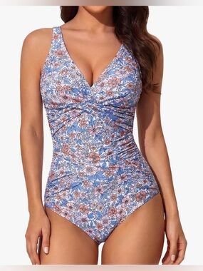 Smismivo NWT Women’s Tummy Control One-Piece Swimsuit – Blue Floral – Size XL